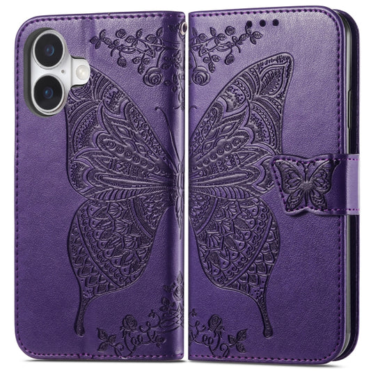 For iPhone 16 Butterfly Love Flower Embossed Leather Phone Case(Purple) by buy2fix