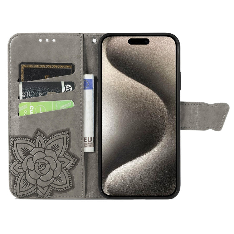 For iPhone 16 Butterfly Love Flower Embossed Leather Phone Case(Gray) - iPhone 16 Cases by buy2fix | Online Shopping UK | buy2fix