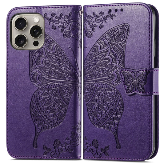 For iPhone 16 Pro Butterfly Love Flower Embossed Leather Phone Case(Purple) by buy2fix