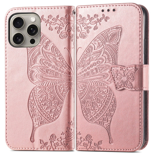 For iPhone 16 Pro Butterfly Love Flower Embossed Leather Phone Case(Rose Gold) by buy2fix