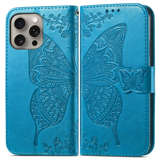 For iPhone 16 Pro Butterfly Love Flower Embossed Leather Phone Case(Blue) by buy2fix