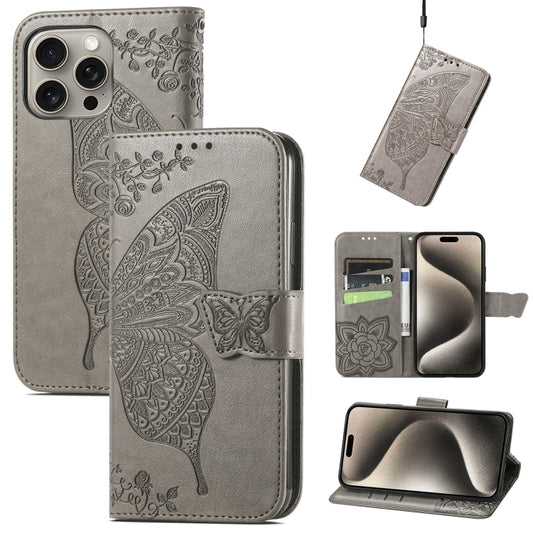 For iPhone 16 Pro Butterfly Love Flower Embossed Leather Phone Case(Gray) - iPhone 16 Pro Cases by buy2fix | Online Shopping UK | buy2fix