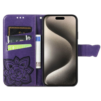 For iPhone 16 Plus Butterfly Love Flower Embossed Leather Phone Case(Purple) - iPhone 16 Plus Cases by buy2fix | Online Shopping UK | buy2fix