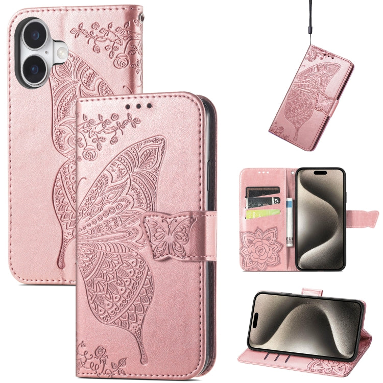 For iPhone 16 Plus Butterfly Love Flower Embossed Leather Phone Case(Rose Gold) by buy2fix