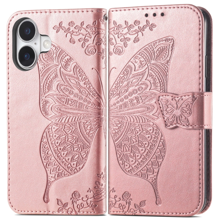For iPhone 16 Plus Butterfly Love Flower Embossed Leather Phone Case(Rose Gold) by buy2fix