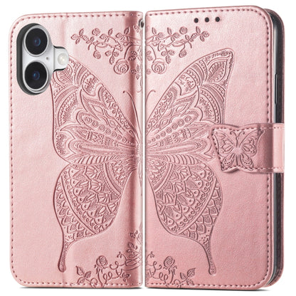 For iPhone 16 Plus Butterfly Love Flower Embossed Leather Phone Case(Rose Gold) by buy2fix