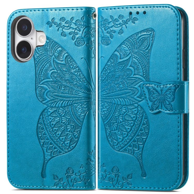 For iPhone 16 Plus Butterfly Love Flower Embossed Leather Phone Case(Blue) - iPhone 16 Plus Cases by buy2fix | Online Shopping UK | buy2fix