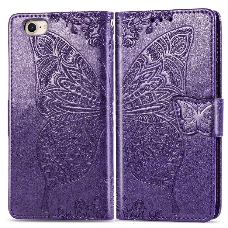 For iPhone 16e Butterfly Love Flower Embossed Leather Phone Case(Purple) - iPhone 16e Cases by buy2fix | Online Shopping UK | buy2fix
