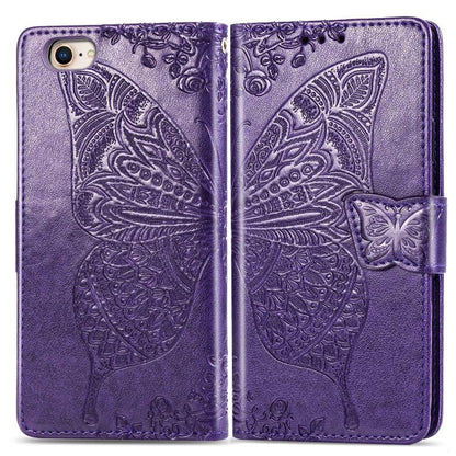For iPhone 16e Butterfly Love Flower Embossed Leather Phone Case(Purple) - iPhone 16e Cases by buy2fix | Online Shopping UK | buy2fix