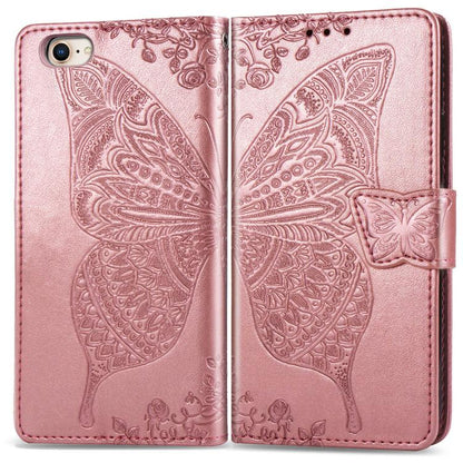 For iPhone 16e Butterfly Love Flower Embossed Leather Phone Case(Rose Gold) - iPhone 16e Cases by buy2fix | Online Shopping UK | buy2fix