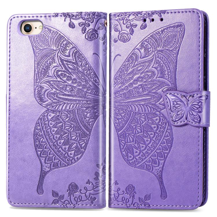 For iPhone 16e Butterfly Love Flower Embossed Leather Phone Case(Lavender) - iPhone 16e Cases by buy2fix | Online Shopping UK | buy2fix