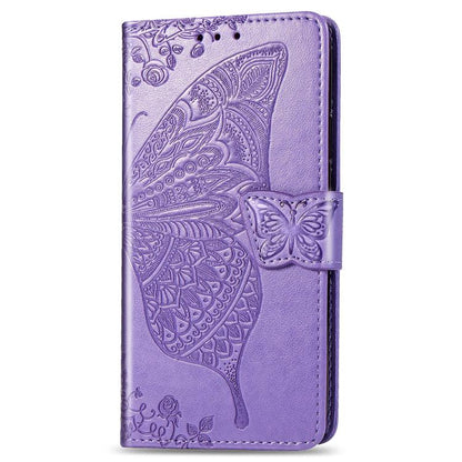 For iPhone 16e Butterfly Love Flower Embossed Leather Phone Case(Lavender) - iPhone 16e Cases by buy2fix | Online Shopping UK | buy2fix