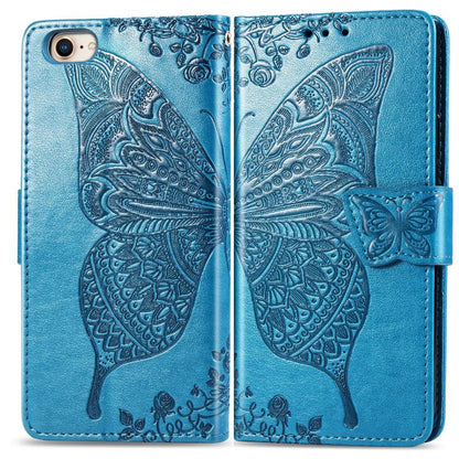 For iPhone 16e Butterfly Love Flower Embossed Leather Phone Case(Blue) - iPhone 16e Cases by buy2fix | Online Shopping UK | buy2fix