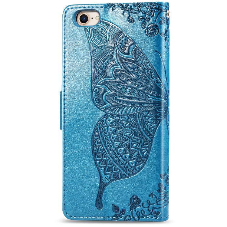 For iPhone 16e Butterfly Love Flower Embossed Leather Phone Case(Blue) - iPhone 16e Cases by buy2fix | Online Shopping UK | buy2fix