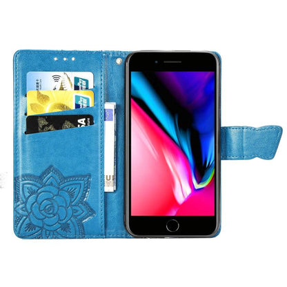 For iPhone 16e Butterfly Love Flower Embossed Leather Phone Case(Blue) - iPhone 16e Cases by buy2fix | Online Shopping UK | buy2fix