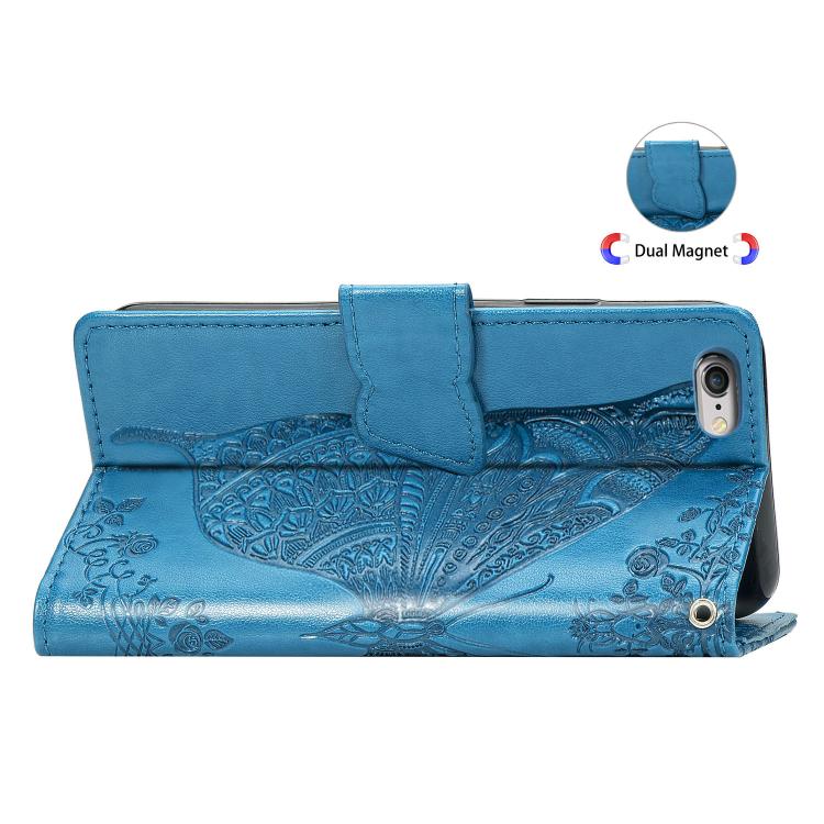 For iPhone 16e Butterfly Love Flower Embossed Leather Phone Case(Blue) - iPhone 16e Cases by buy2fix | Online Shopping UK | buy2fix