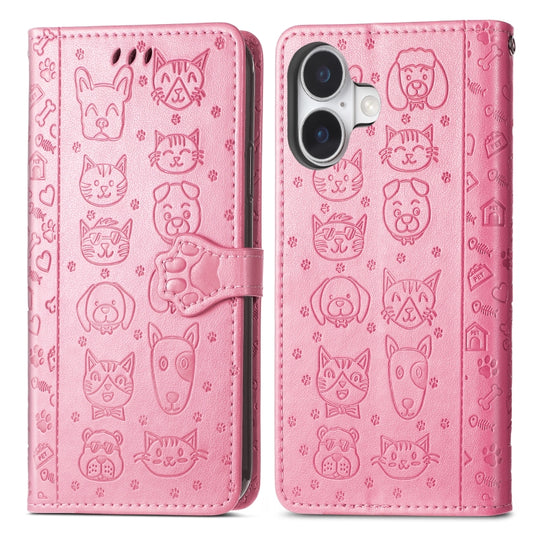 For iPhone 16 Plus Cat and Dog Embossed Leather Phone Case(Pink) by buy2fix