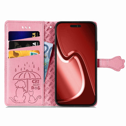 For iPhone 16 Plus Cat and Dog Embossed Leather Phone Case(Pink) - iPhone 16 Plus Cases by buy2fix | Online Shopping UK | buy2fix