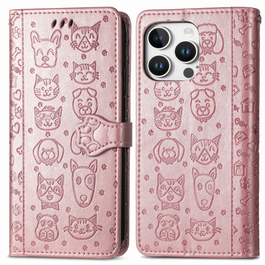 For iPhone 16 Pro Cat and Dog Embossed Leather Phone Case(Rose Gold) by buy2fix
