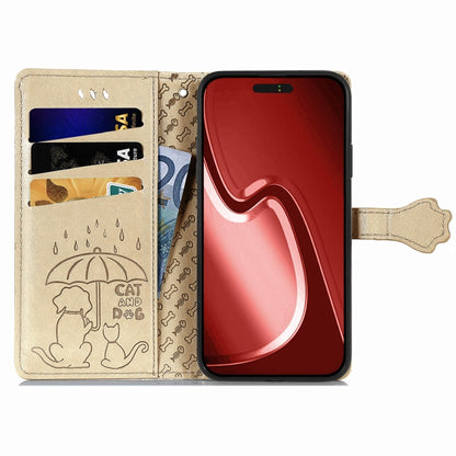 For iPhone 16 Pro Cat and Dog Embossed Leather Phone Case(Gold) - iPhone 16 Pro Cases by buy2fix | Online Shopping UK | buy2fix