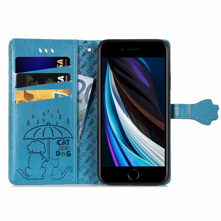 For iPhone 16e Cat and Dog Embossed Leather Phone Case(Blue) - iPhone 16e Cases by buy2fix | Online Shopping UK | buy2fix