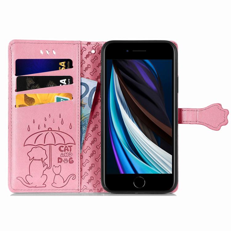 For iPhone 16e Cat and Dog Embossed Leather Phone Case(Pink) - iPhone 16e Cases by buy2fix | Online Shopping UK | buy2fix