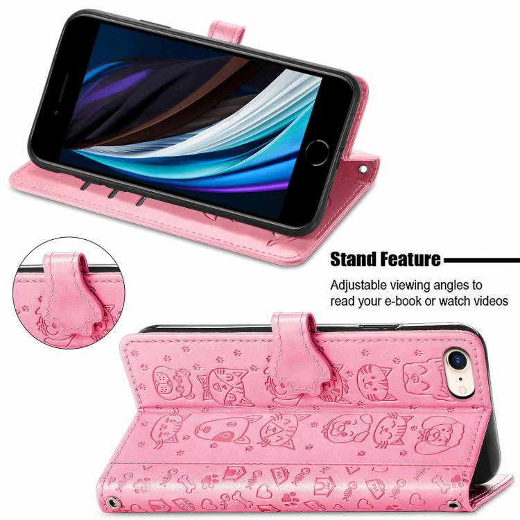 For iPhone 16e Cat and Dog Embossed Leather Phone Case(Pink) - iPhone 16e Cases by buy2fix | Online Shopping UK | buy2fix
