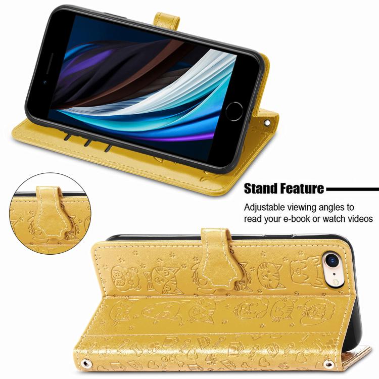 For iPhone 16e Cat and Dog Embossed Leather Phone Case(Yellow) - iPhone 16e Cases by buy2fix | Online Shopping UK | buy2fix