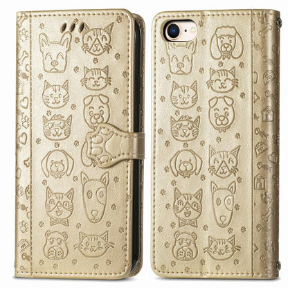 For iPhone 16e Cat and Dog Embossed Leather Phone Case(Gold) - iPhone 16e Cases by buy2fix | Online Shopping UK | buy2fix