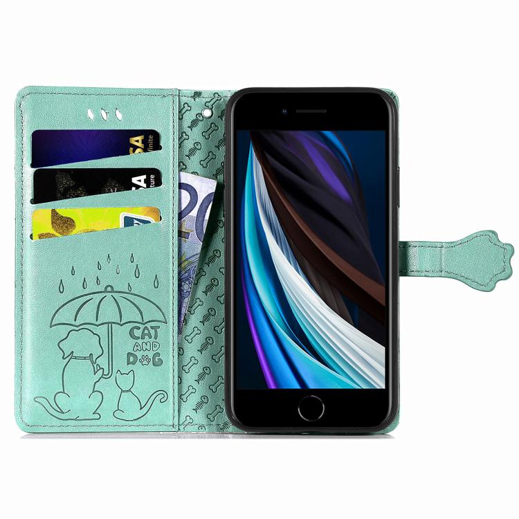 For iPhone 16e Cat and Dog Embossed Leather Phone Case(Green) - iPhone 16e Cases by buy2fix | Online Shopping UK | buy2fix