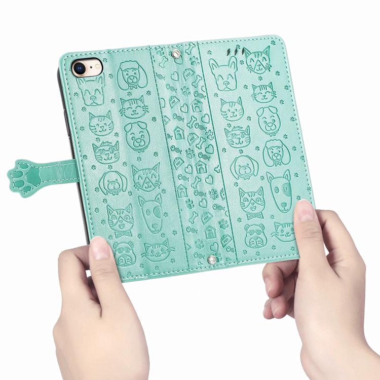 For iPhone 16e Cat and Dog Embossed Leather Phone Case(Green) - iPhone 16e Cases by buy2fix | Online Shopping UK | buy2fix