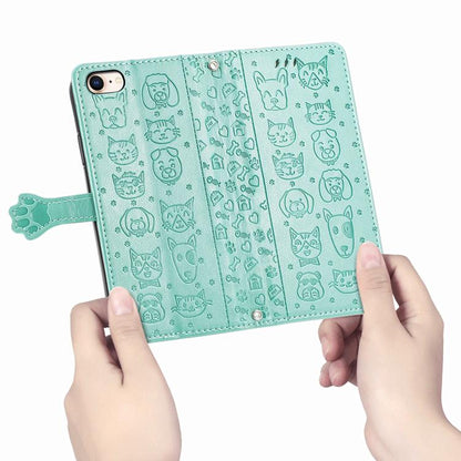 For iPhone 16e Cat and Dog Embossed Leather Phone Case(Green) - iPhone 16e Cases by buy2fix | Online Shopping UK | buy2fix