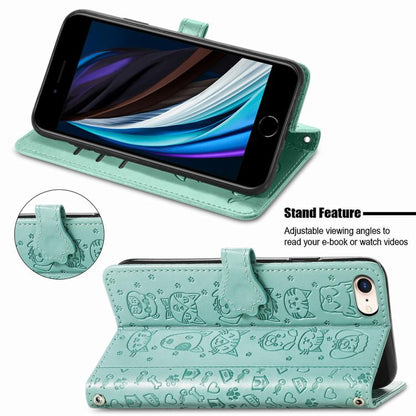 For iPhone 16e Cat and Dog Embossed Leather Phone Case(Green) - iPhone 16e Cases by buy2fix | Online Shopping UK | buy2fix