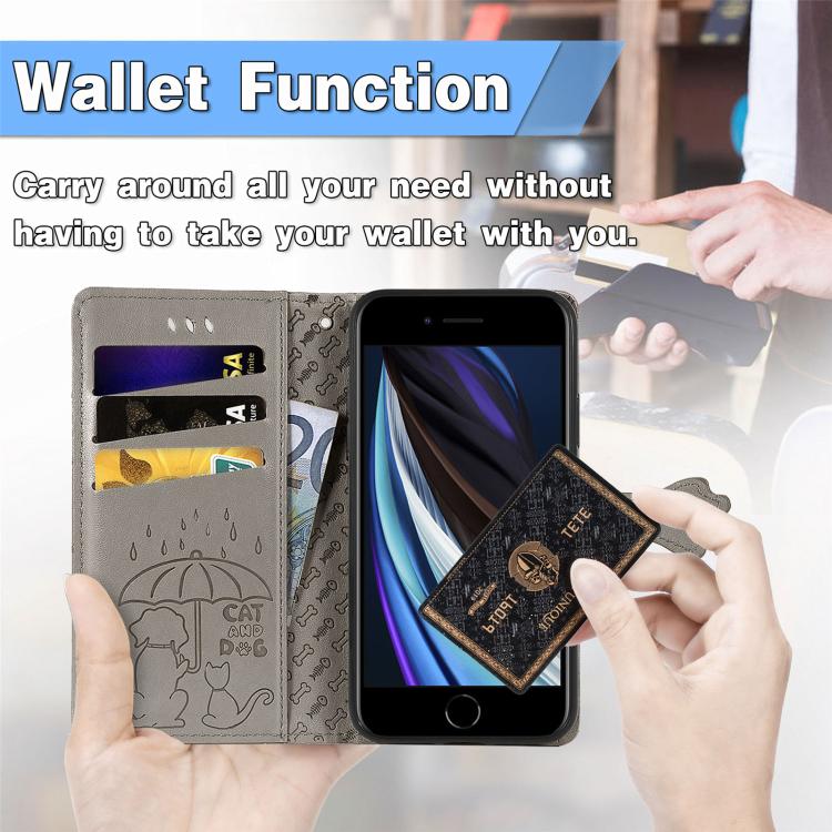 For iPhone 16e Cat and Dog Embossed Leather Phone Case(Gray) - iPhone 16e Cases by buy2fix | Online Shopping UK | buy2fix
