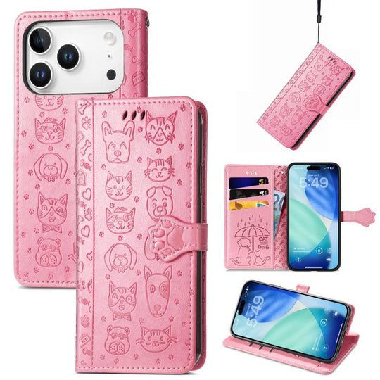 For iPhone 18 Pro Max / 17 Pro Max Cat and Dog Embossed Leather Phone Case(Pink)