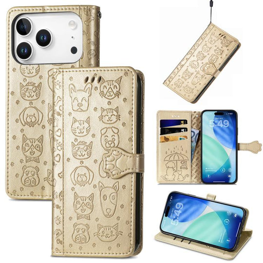 For iPhone 18 Pro Max / 17 Pro Max Cat and Dog Embossed Leather Phone Case(Gold)