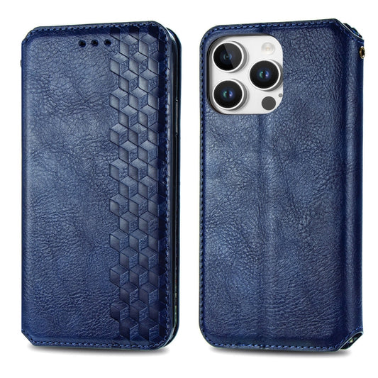 For iPhone 16 Pro Max Cubic Grid Pressed Magnetic Leather Phone Case(Blue) by buy2fix