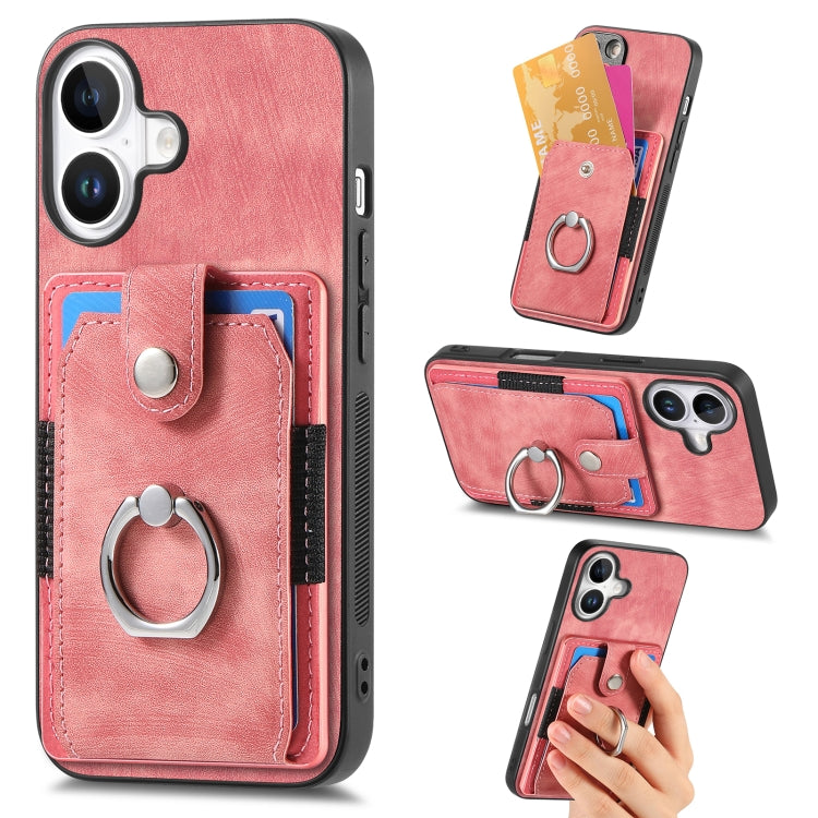 For iPhone 16 Retro Skin-feel Ring Card Wallet Phone Case(Pink) by buy2fix