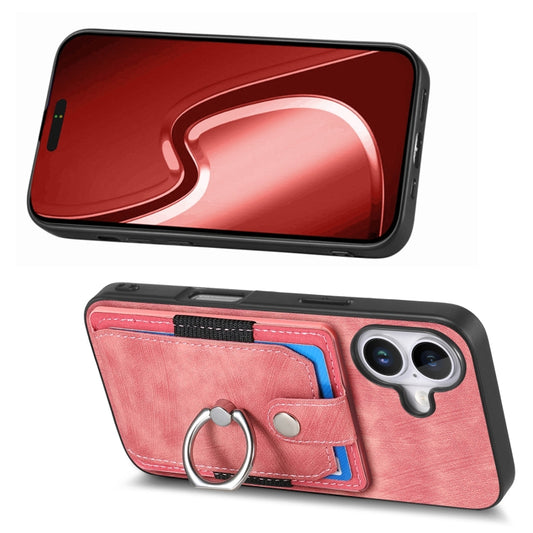 For iPhone 16 Retro Skin-feel Ring Card Wallet Phone Case(Pink) by buy2fix