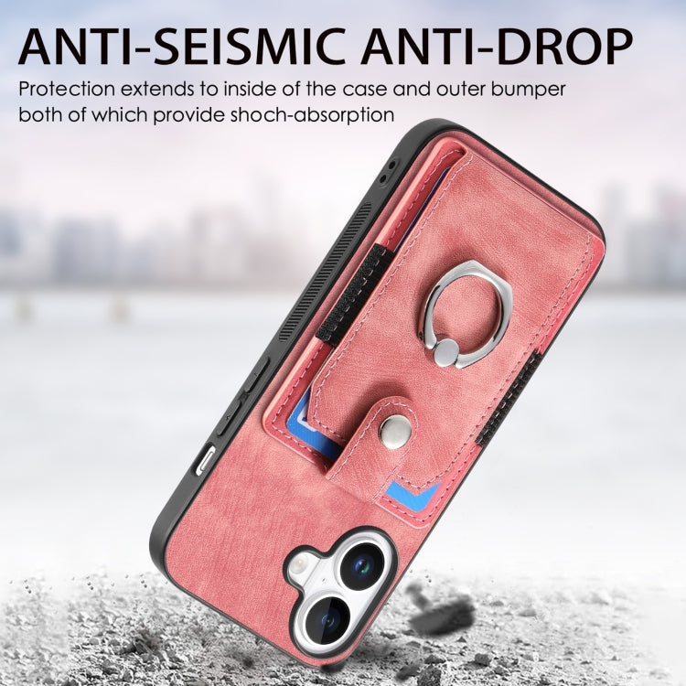 For iPhone 16 Retro Skin-feel Ring Card Wallet Phone Case(Pink) by buy2fix