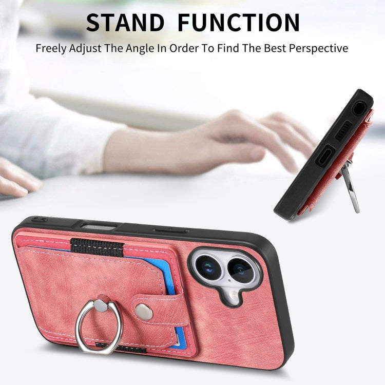 For iPhone 16 Retro Skin-feel Ring Card Wallet Phone Case(Pink) by buy2fix