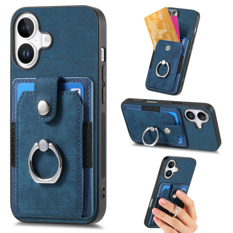 For iPhone 16 Plus Retro Skin-feel Ring Card Wallet Phone Case(Blue) - iPhone 16 Plus Cases by buy2fix | Online Shopping UK | buy2fix