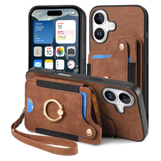 For iPhone 16 Retro Skin-feel Ring Multi-card Wallet Phone Case(Brown) by buy2fix