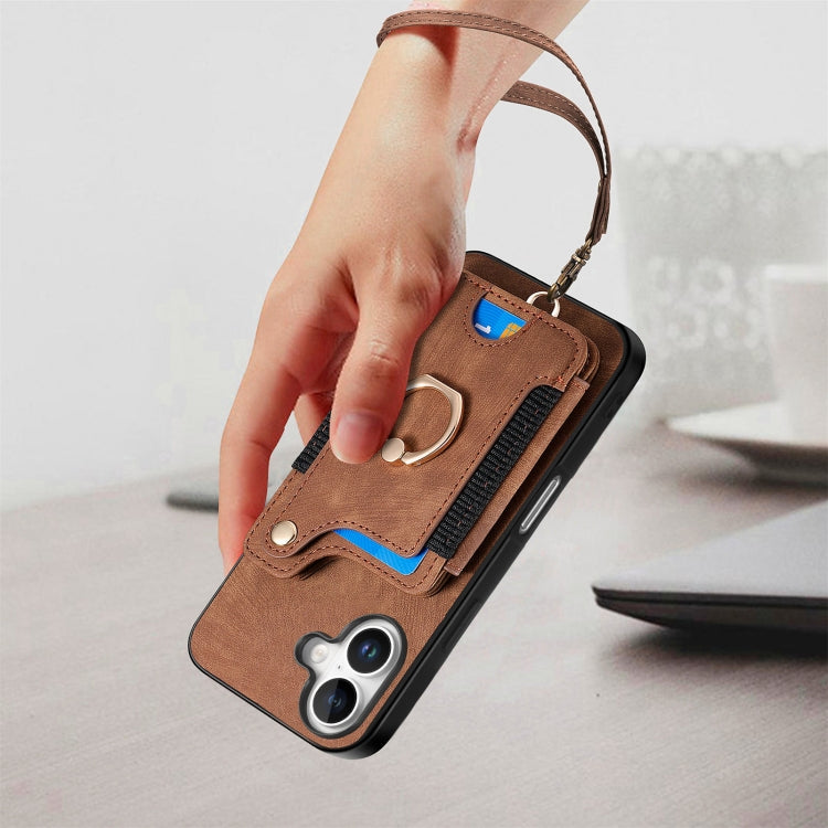 For iPhone 16 Retro Skin-feel Ring Multi-card Wallet Phone Case(Brown) - iPhone 16 Cases by buy2fix | Online Shopping UK | buy2fix