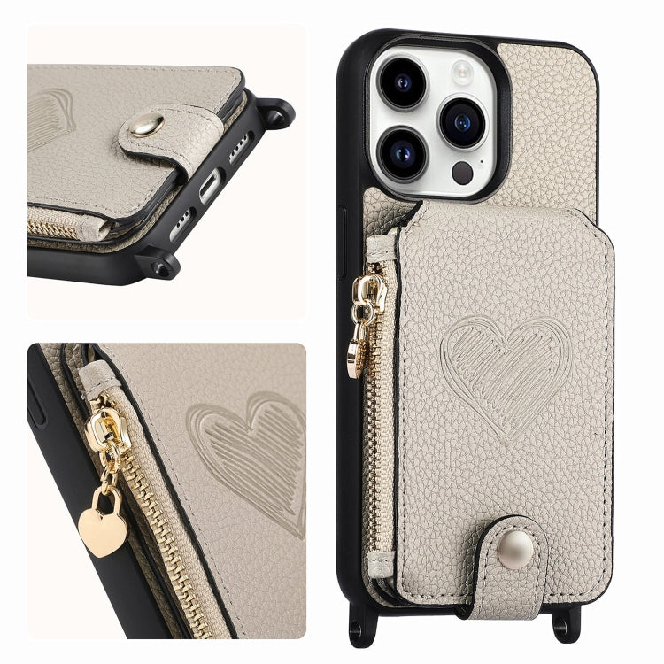 For iPhone 15 Pro Crossbody Love Zipper Leather Back Phone Case(White) - iPhone 15 Pro Cases by buy2fix | Online Shopping UK | buy2fix