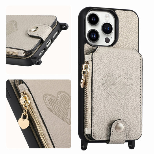 For iPhone 15 Pro Crossbody Love Zipper Leather Back Phone Case(White) - iPhone 15 Pro Cases by buy2fix | Online Shopping UK | buy2fix