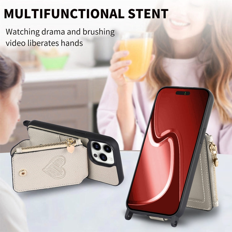 For iPhone 15 Pro Crossbody Love Zipper Leather Back Phone Case(White) - iPhone 15 Pro Cases by buy2fix | Online Shopping UK | buy2fix