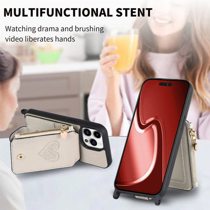 For iPhone 15 Pro Crossbody Love Zipper Leather Back Phone Case(White) - iPhone 15 Pro Cases by buy2fix | Online Shopping UK | buy2fix