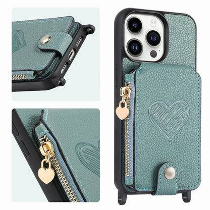 For iPhone 15 Pro Crossbody Love Zipper Leather Back Phone Case(Green) - iPhone 15 Pro Cases by buy2fix | Online Shopping UK | buy2fix