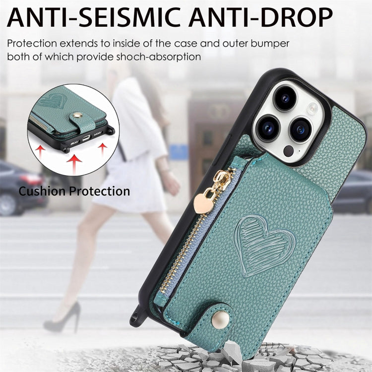 For iPhone 15 Pro Crossbody Love Zipper Leather Back Phone Case(Green) - iPhone 15 Pro Cases by buy2fix | Online Shopping UK | buy2fix